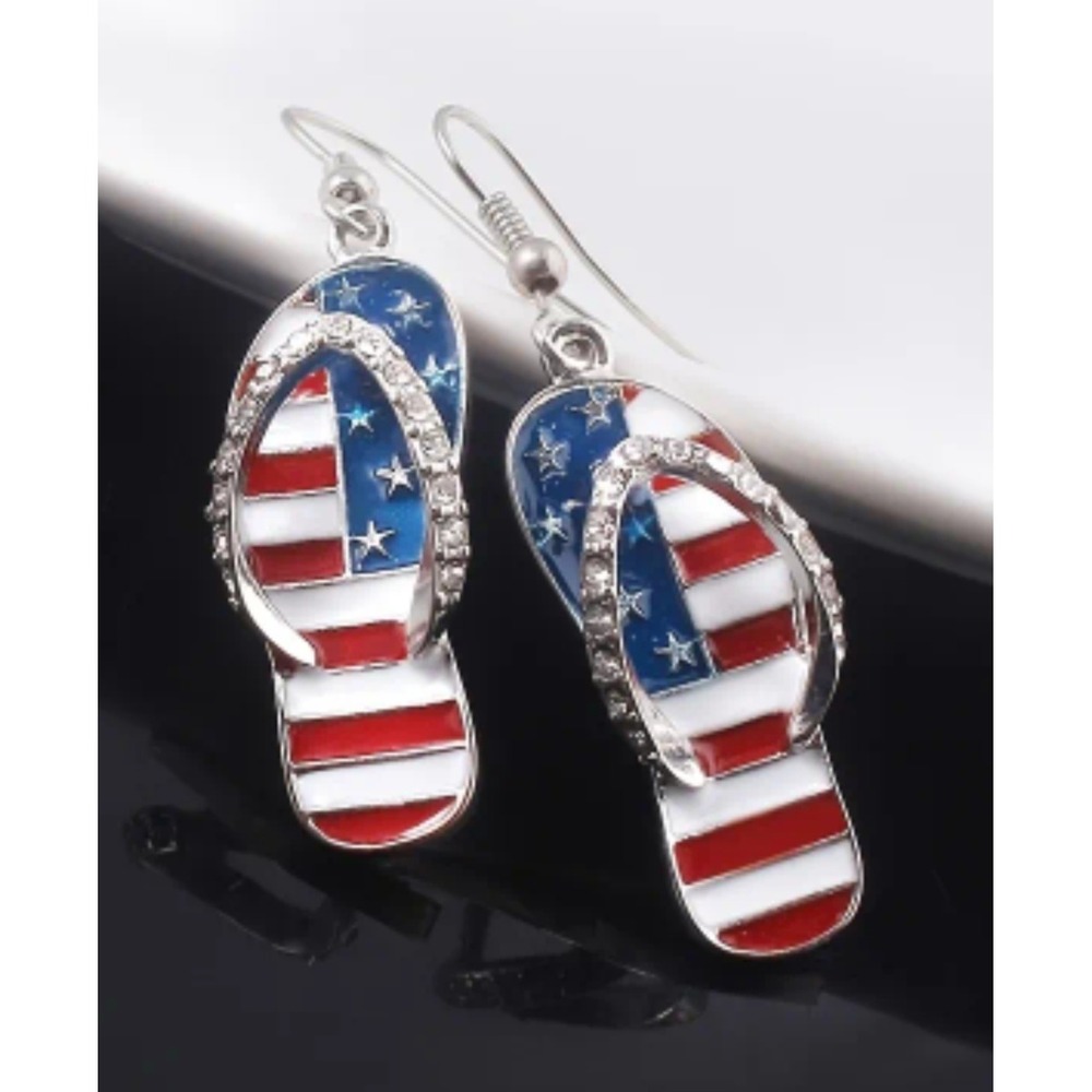 American Flag Flip Flop Dangle Earrings‎ Enamel Patriotic USA 4th of July